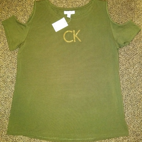 Calvin Klein Olive Cold Shoulder Tee NWT - Picture 2 of 5